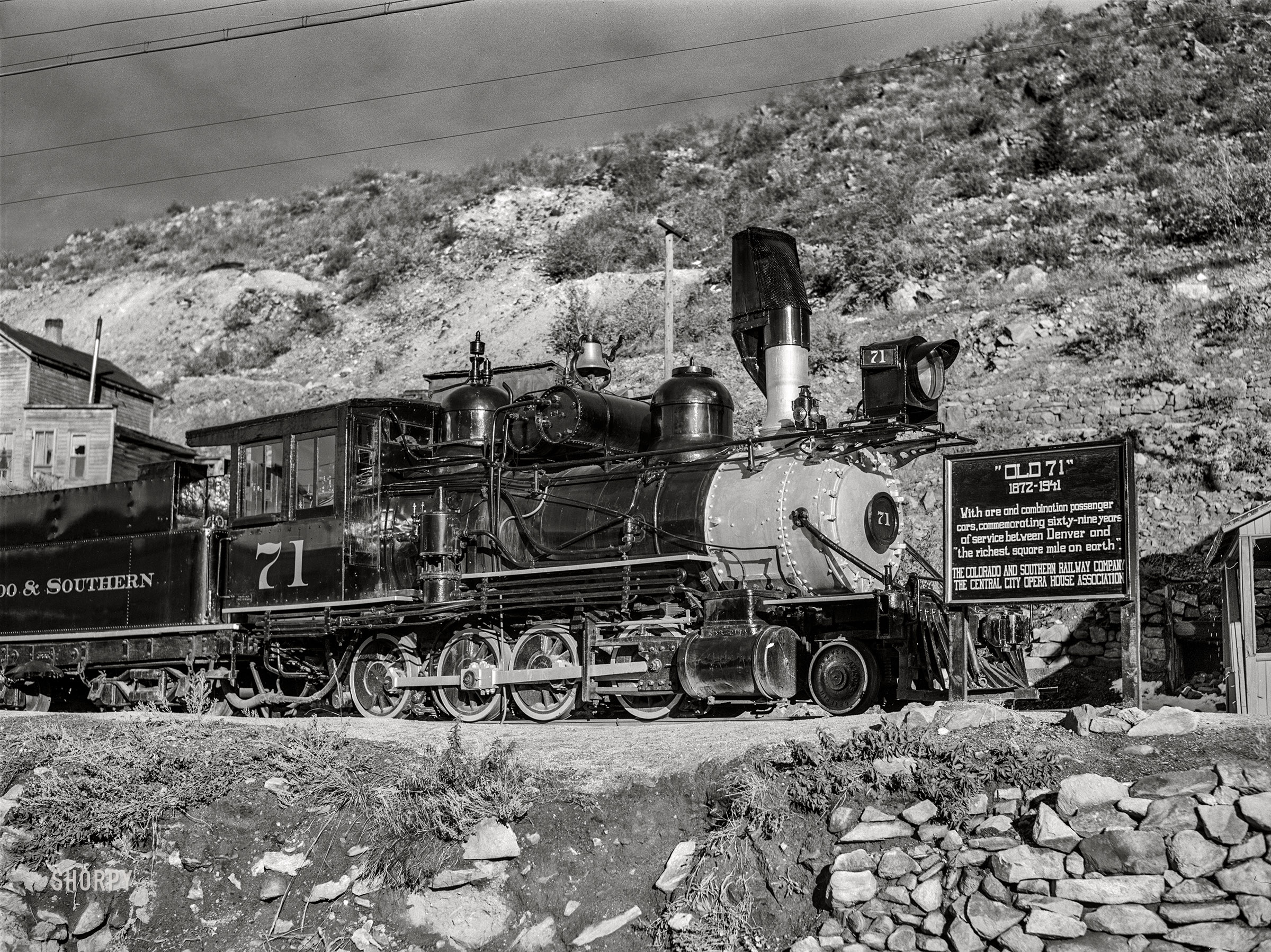 September 1941. Central City, Colorado. "The 'Old 71' engine of the Colorado and Southern Railway, which carried ore and passenger cars from Denver to 'the richest square mile on earth'." Medium format acetate negative by Marion Post Wolcott. View full size.