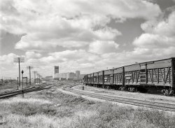 October 1941. "Stockyards and flour mill. Wichita, Kansas." Medium format acetate negative by Marion Post Wolcott for the Farm Security Administration. View full size.