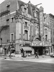 April 1940. "Old Orpheum theater. Dubuque, Iowa." Today's double feature: Adventure in Diamonds and Viva Cisco Kid. Medium format acetate negative by John Vachon. View full size.