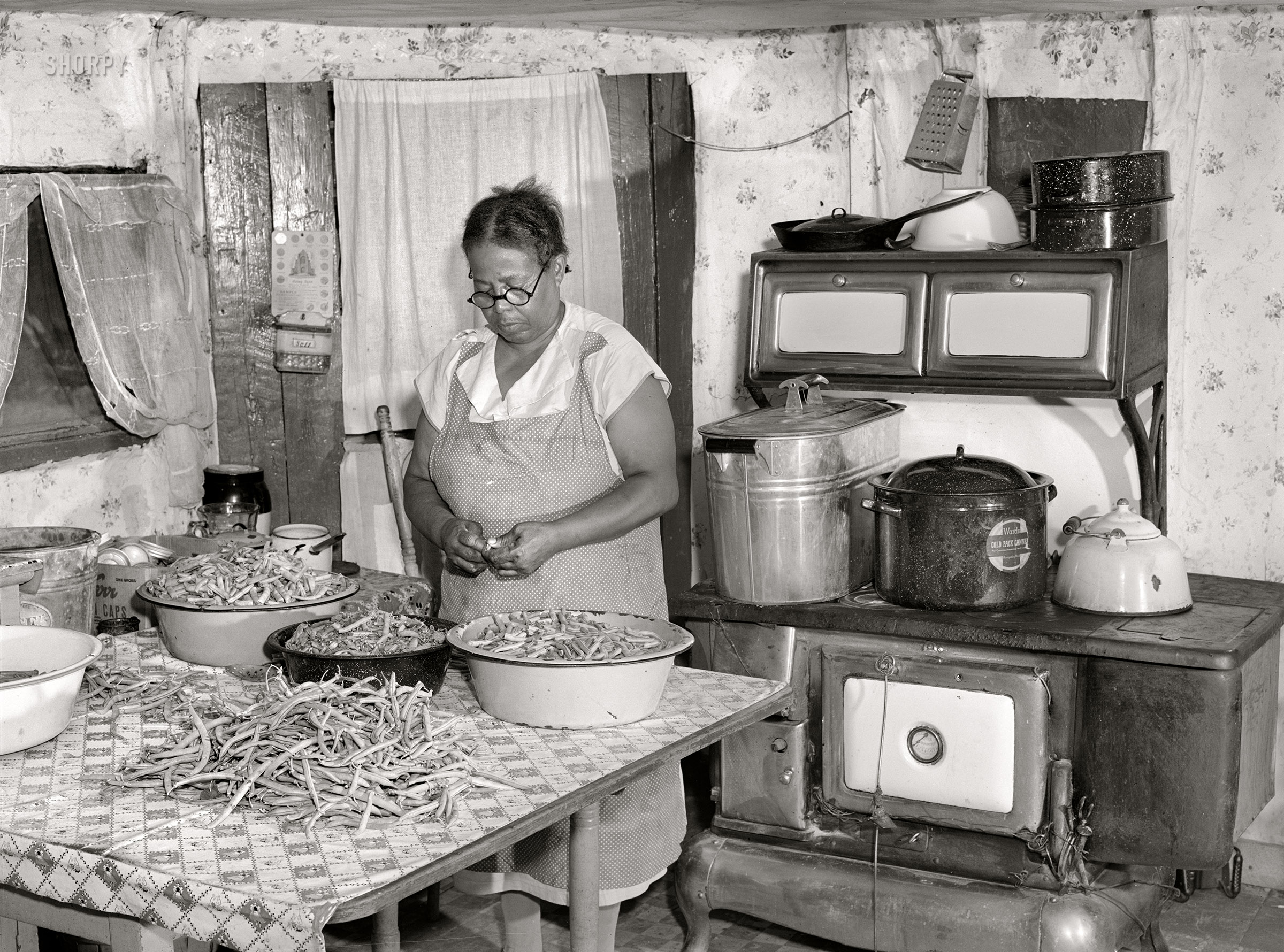 September 1940. Saint Mary's County, Maryland. "Mrs. Eugene Smith, FSA borrower, canning string beans." Photo by John Vachon for the Farm Security Administration. View full size.