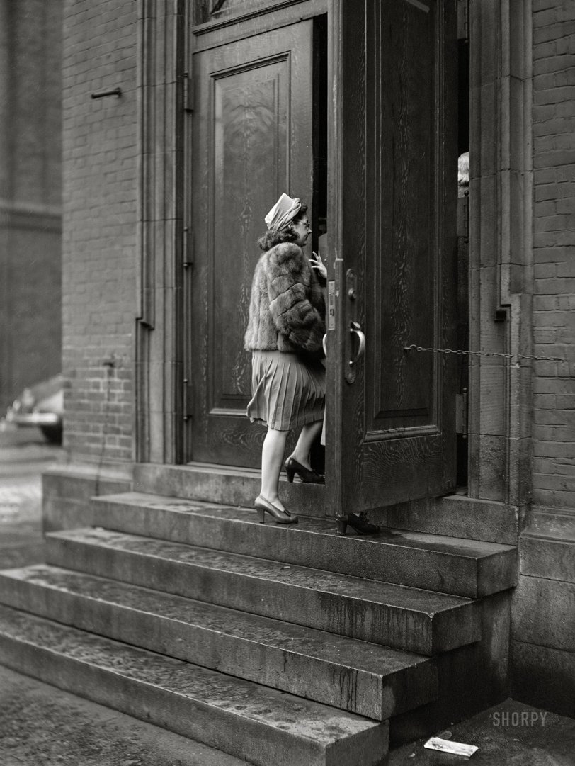 January 1941. "Going to Mass. Pittsburgh, Pennsylvania." Medium format acetate negative by John Vachon for the Farm Security Administration. View full size.
