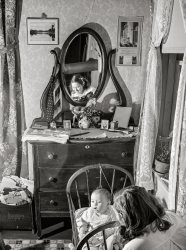 March 1941. "Mother and child. Bedford County farm, Virginia." Medium format acetate negative by John Vachon for the Farm Security Administration. View full size.