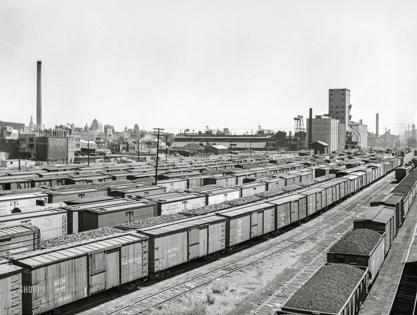 June 1941. "Railroad yards. Milwaukee, Wisconsin." Medium format acetate negative by John Vachon for the Farm Security Administration. View full size.