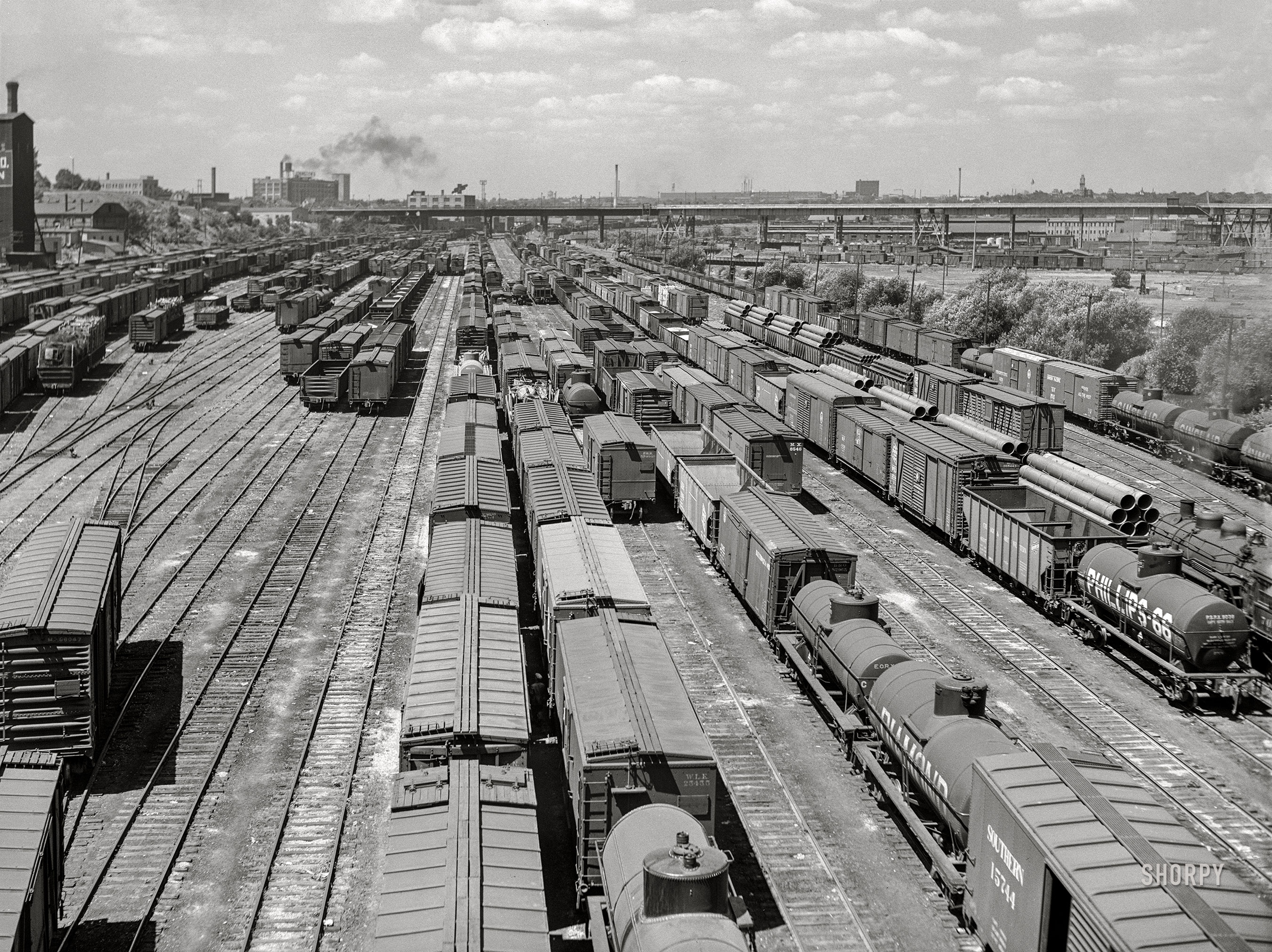 June 1941. "Railroad yards. Milwaukee, Wisconsin." Medium format acetate negative by John Vachon for the Farm Security Administration. View full size.