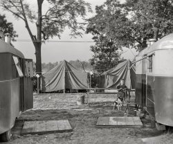August 1941. "Edgewater Park trailer camp near the Ford bomber plant. Ypsilanti, Michigan." Acetate negative by John Vachon for the Farm Security Administration. View full size.
The rich side of campWhen I was a kid in the early '50s and we lived in a three-bedroom, asbestos-shingled house, the kind my mom called a "cracker box." A few miles away were brick homes, also three-bedroom  but with carports and picture windows. These today are very modest homes, but back then we thought of the people who lived there as "rich folks." I wonder if this kid felt the same way comparing canvas tents with the comparable luxury of trailers in this camp.
(The Gallery, Dogs, John Vachon, Kids)