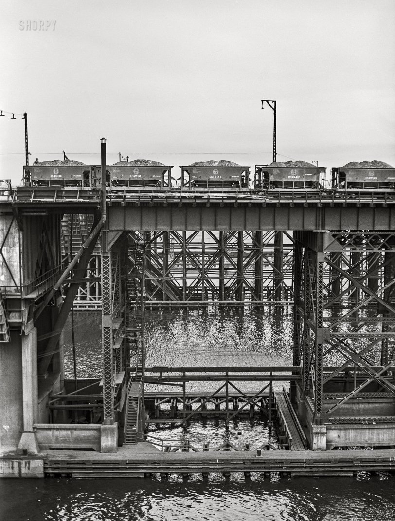 August 1941. "Ore docks at Allouez, Wisconsin." Medium format acetate negative by John Vachon for the Farm Security Administration. View full size.
