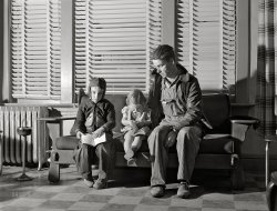 February 1942. Chafee, Missouri. "Father and children waiting to see the doctor. The little girl was bitten by a dog and is to receive anti-hydrophobia injections." Medium format acetate negative by John Vachon for the Office of War Information. View full size.