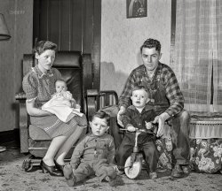 February 1942. "Meeker County, Minnesota. Mike McRaith and family. He farms eighty acres." Acetate negative by John Vachon for the Office of War Information. View full size.