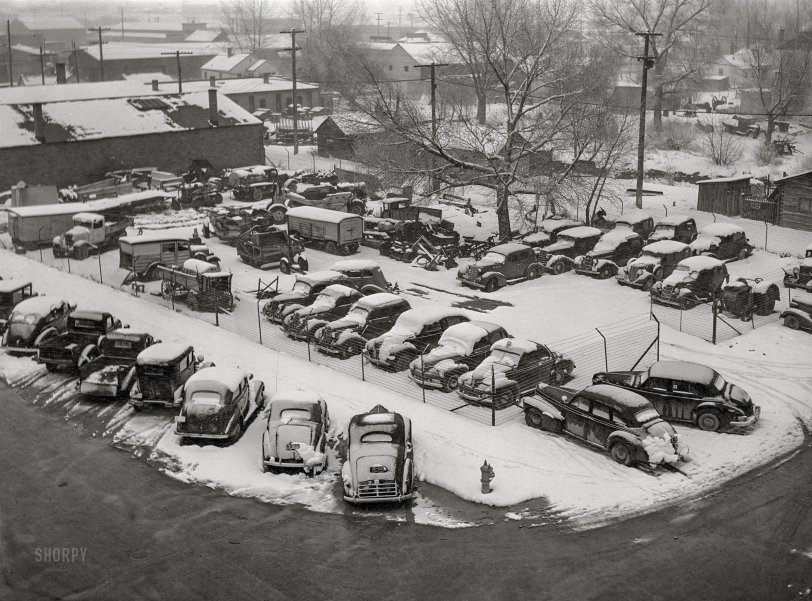 March 1942. "Lewistown, Montana. Used car lot." Medium format acetate negative by John Vachon for the Office of War Information. View full size.
