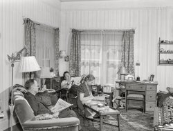 April 1942. "Wisdom, Montana. The Ansons visit their daughter and son-in-law, Mr. and Mrs. Len Smith." Acetate negative by John Vachon for the Office of War Information. View full size.