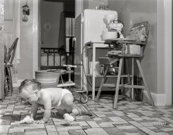 April 1942. "Hamilton, Montana. Son of Ted Barkhoefer, crawling on the kitchen floor." Acetate negative by John Vachon for the Office of War Information. View full size.