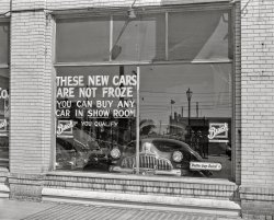 &nbsp; &nbsp; &nbsp; &nbsp; After the halt of automobile production and "freeze" of car sales, these 1942 Buicks were among the last new models the public could buy until the end of the war.
May 1942. "Grand Island, Nebraska. Auto dealer's window." Better buy Buick! Medium format acetate negative by John Vachon for the Farm Security Administration. View full size.