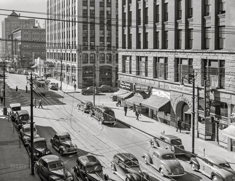 May 1942. "Denver, Colorado." Whose California Building poses that incendiary interrogative, SMOKE? Acetate negative by John Vachon for the Farm Security Administration. View full size.
