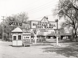 May 1942. "North Platte, Nebraska. Tourist cabins." Yes, it's the Original Buffalo Bill Cody Camp. Acetate negative by John Vachon for the Farm Security Administration. View full size.