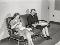 October 1941. Bremerton, Washington.  "Navy shipyard workers in the community room for women at the FSA duration dormitories." Medium format acetate negative by Russell Lee for the Farm Security Administration. View full size.