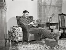 &nbsp; &nbsp; &nbsp; &nbsp; UPDATE: The address label on that "Silver Screen" in the magazine rack is for a Lee Wagner, not "Wagoner."
November 1941. "Lee Wagoner, Black Canyon Project farmer, at home. Canyon County, Idaho." Medium format negative by Russell Lee for the Farm Security Administration. View full size.