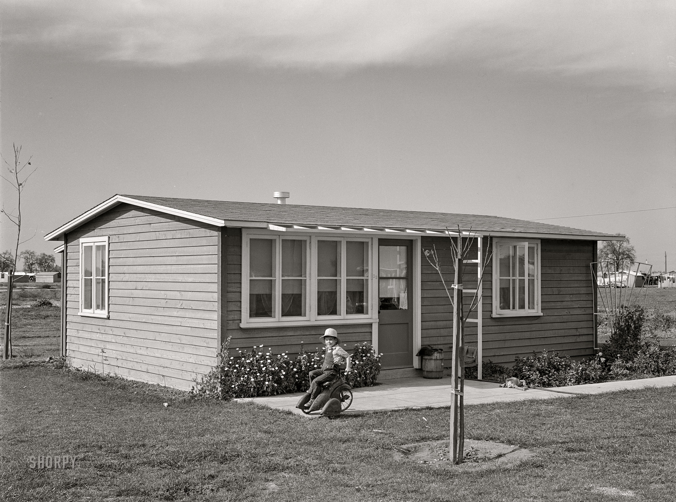 February 1942. Woodville, Calif. "FSA farm workers' community. Son of agricultural worker at their garden house." Photo by Russell Lee for the Farm Security Administration. View full size.