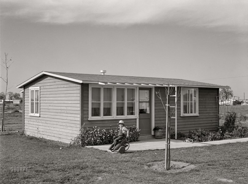 February 1942. Woodville, Calif. "FSA farm workers' community. Son of agricultural worker at their garden house." Photo by Russell Lee for the Farm Security Administration. View full size.
