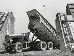 June 1942. Shasta County, California. "Butane-powered dump truck used in the construction of Shasta Dam." Acetate negative by Russell Lee for the Office of War Information. View full size.