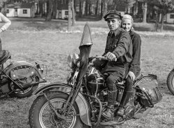 October 1941. Berkshire Hills County, Massachusetts. "Members of a motorcycle troop out to enjoy the fall coloring along the Mohawk Trail through the Berkshires." Medium format acetate negative by John Collier for the Farm Security Administration. View full size.