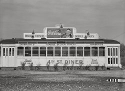 October 1941. "Deserted diner near Syracuse, New York." Serving "Best" ice cream, merely "Good" coffee and -- yum! -- "Regular" dinners. Acetate negative by John Collier. View full size.