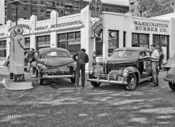 May 14, 1942. Washington, D.C. "Filling up with gas on the day before rationing starts." 4x5 inch acetate negative by John Collier for the Office of War Information. View full size.
