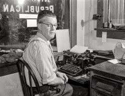 Sept. 1942. Richwood, West Virginia. "B.E. Thompson, editor of the Nicholas Republican, let his own son go to New York state to work in the harvest but feels the recruiting has interfered too much with schooling, and that the break in education for many of the boys and girls will be permanent." Photo by John Collier for the Farm Security Administration. View full size.