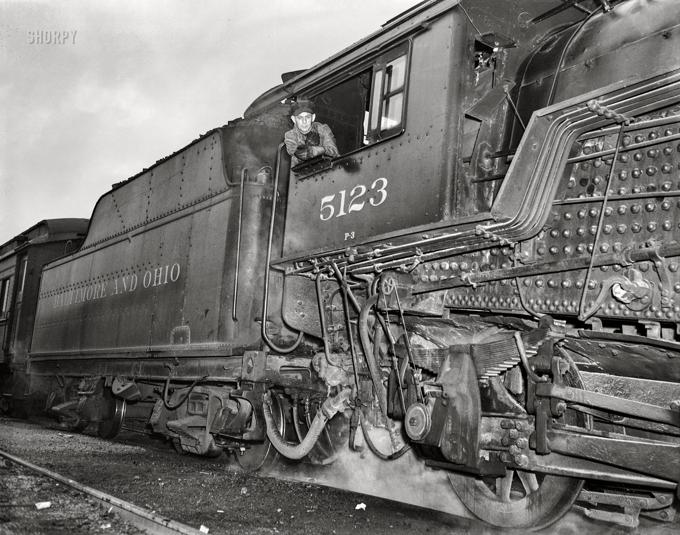 September 1942. "Richwood, West Virginia. An engineer on the Baltimore and Ohio Railroad." 4x5 inch acetate negative by John Collier for the Farm Security Administration. View full size.