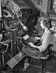 September 1942. Richwood, Nicholas County, West Virginia. "Lois Thompson, printer's devil on the Nicholas Republican newspaper, operating Linotype machine." 4x5 inch acetate negative by John Collier for the Farm Security Administration. View full size.