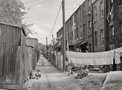 September 1941. "Children playing in Defrees Alley N.E. near the Capitol building. A basement room rents for 9 dollars a month; two rooms upstairs for 16 dollars; one bath and cold water in the hall for entire building." Acetate negative by Marion Post Wolcott. View full size.