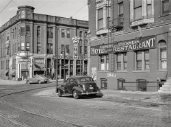 September 1941. "Stockmen's and farmers' and truckers' hotel near Union Stockyards. South Omaha, Nebraska." Acetate negative by Marion Post Wolcott for the FSA. View full size.