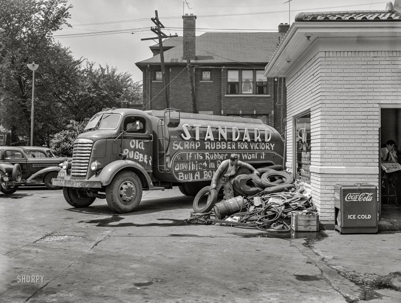 July 1942. "Detroit, Michigan (vicinity). Standard Oil truck used during a rubber scrap drive." 4x5 inch acetate negative by Arthur Siegel for the Farm Security Administration. View full size.
