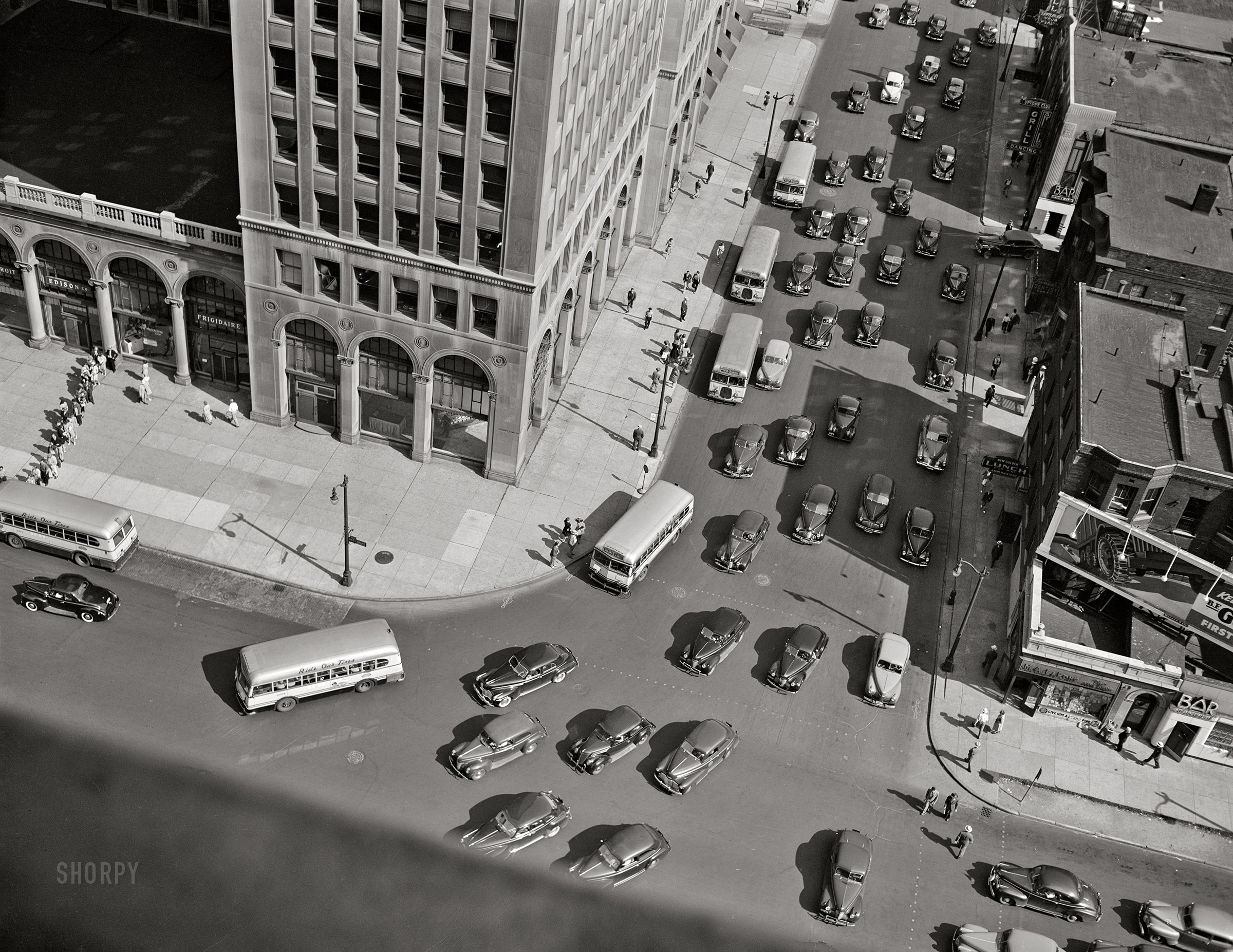 July 1942. "Detroit, Michigan. View from Fisher Building of traffic at 5:30 on Second Avenue at Grand Boulevard." Acetate negative by Arthur Siegel, Office of War Information. View full size.