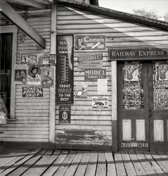September 1938. "Express Agency office and general store in coal mining town of Scotts Run, West Virginia." Photo by Marion Post Wolcott. View full size.
It&#039;s milderThan what? – a kick in the chest by a mule?
Those Signs Would be Valuable TodayThese metal advertising signs, and the Railway Express Agency sign, would be quite valuable today. Back then, they were considered to be of little value and thus were allowed to rust away.
The structure has a deep roof overhang on the left side, supported by diagonal braces rather than posts. The right half of the building is an addition as evidenced by the different width of the clapboards. There's an interesting worn area on the clapboard just to the left of the REA door. This adds evidence of un-depicted human activity to the photo. The weather-beaten porch floor looks like a tripping accident waiting to happen.
Semester&#039;s worth of college moneyin those signs. Oh that Mail Pouch.... Just beautiful to see that.
AhhhhhSnuff and Coal Dust, life was good back then. You can die of black lung or mouth cancer.
Decisions, decisions!Do I want to smoke it in a cigarette or smoke it in a pipe or dip it or snort it or chew it? The only delivery methods not advertised here are the more modern ones: patches, lozenges, and gum.
As a long-time smoker, clean for some four years, I confess that these signs prompt more than a little nostalgia for the days when we could feign ignorance as to the damage we were self-inflicting!
Porcelain damageRailway Express sign top center damage: that is why all the old porcelain signs you find have the same type of damage spot. Putting them up with a hammer and nail. Muscle up on the last hammer blow. There goes the glass.
(The Gallery, Small Towns, Stores & Markets)