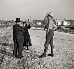 January 1941. "Amish farmers from Pennsylvania near Sarasota, where they are observing Florida farming methods." Medium format negative by Marion Post Wolcott for the Farm Security Administration. View full size.
