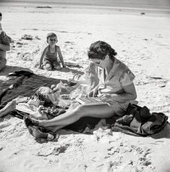 January 1941. "Guest of Sarasota, Florida, trailer park at the beach with her family." Medium format negative by Marion Post Wolcott. View full size.