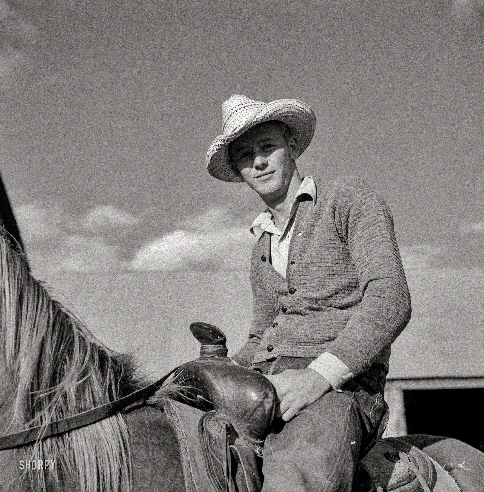 August 1941. "Cowboy on a ranch horse in the corral at Quarter Circle U, Brewster-Arnold Ranch Company. Birney, Montana." Medium format negative by Marion Post Wolcott for the Resettlement Administration. View full size.