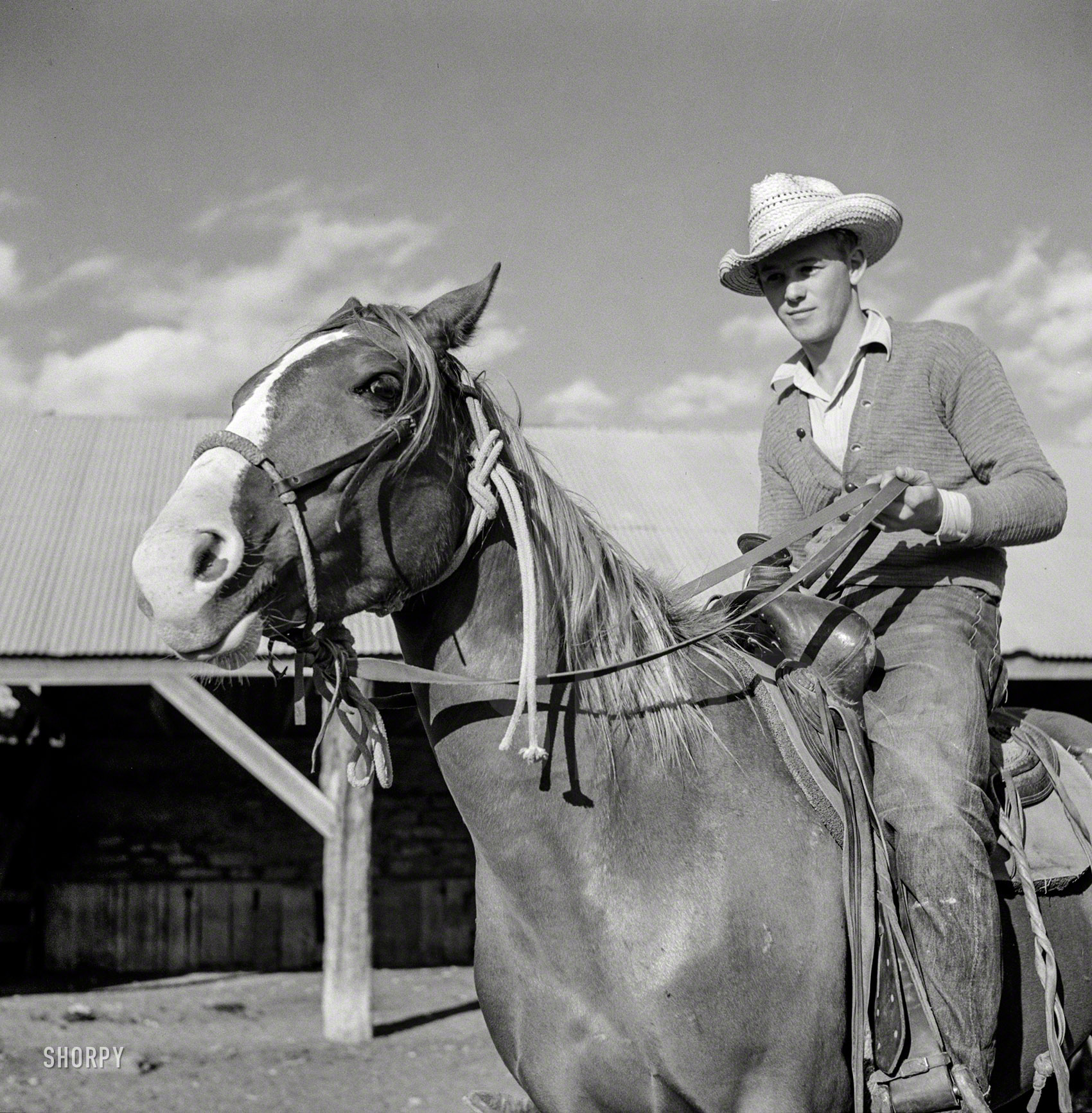August 1941. "Cowboy in the corral at Quarter Circle U, Brewster-Arnold Ranch Company. Birney, Montana." Photo by Marion Post Wolcott. View full size.