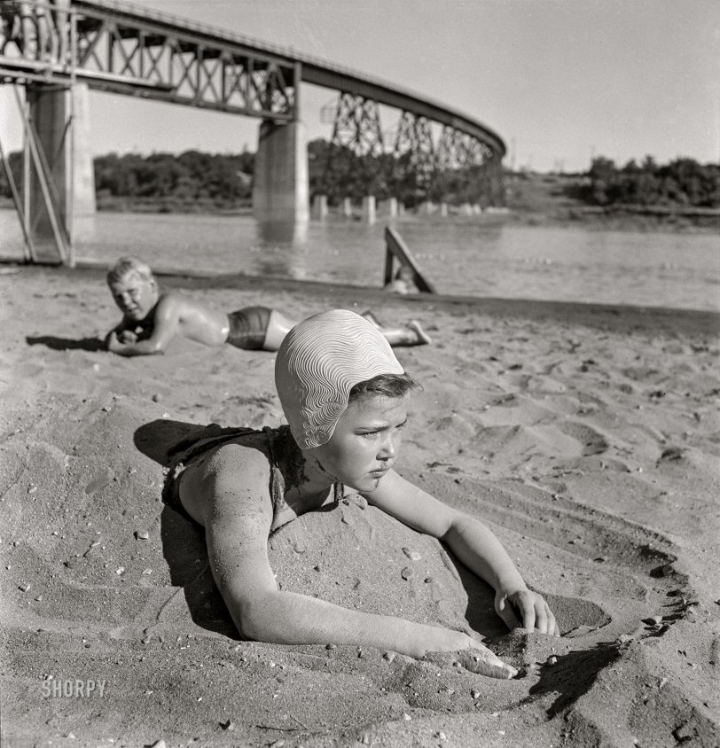 June 1942. "Redding, California. Youngsters at the beach on the Sacramento River." Kids these days! Nitrate negative by Russell Lee for the Office of War Information. View full size.