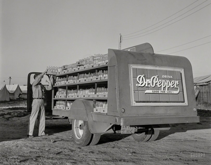 July 1942. "Nyssa, Oregon. Farm Security Administration mobile camp. Soda pop is delivered at the camp for Japanese-Americans." Medium format nitrate negative by Russell Lee for the Office of War Information. View full size.

