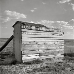 August 1942. "Midway, Bingham County, Idaho. Sanitary facilities." Medium format nitrate negative by Russell Lee for the Office of War Information. View full size.