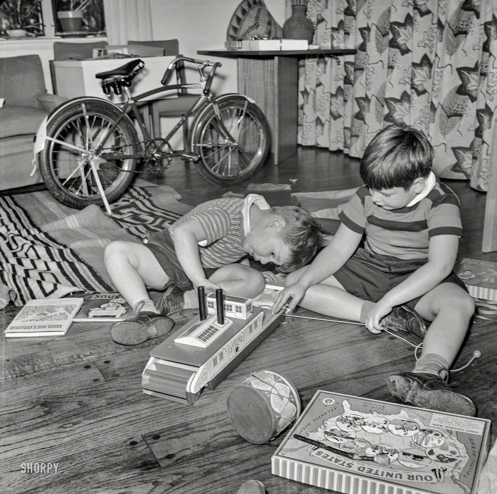 December 1941. "Christmas in the home of a government executive in Virginia." Photo by John Collier taken in the home of his brother, Department of Agriculture official Charles Wood Collier. The boys are Charles's sons Lionel (Leo) and Charles Rawson Collier. View full size.