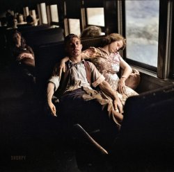 September 1942. "Boy and girl from Richwood, West Virginia, en route to upper New York state to work in the harvest." The young man last seen here. And here. Acetate negative (colorized by Shorpy) by John Collier for the Farm Security Administration. View full size.