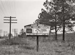 December 1940. "Religious sign on highway between Columbus and Augusta, Georgia, indicating revival of interest in religion." Medium format acetate negative by Marion Post Wolcott for the Farm Security Administration. View full size.
