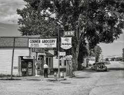 September 1941. "Grocery store on main street of Ranchester in the Big Horn Mountains, Wyoming." Photo by Marion Post Wolcott for the Farm Security Administration. View full size.