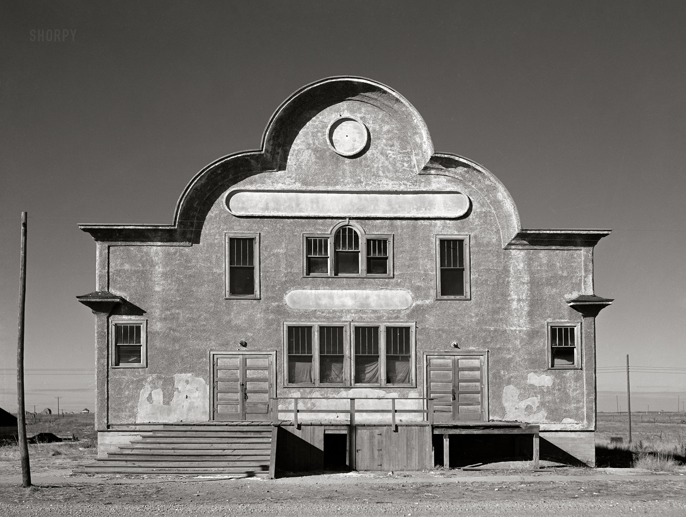 February 1942. "Zell, South Dakota. Community hall." Medium format acetate negative by John Vachon for the Office of War Information. View full size.