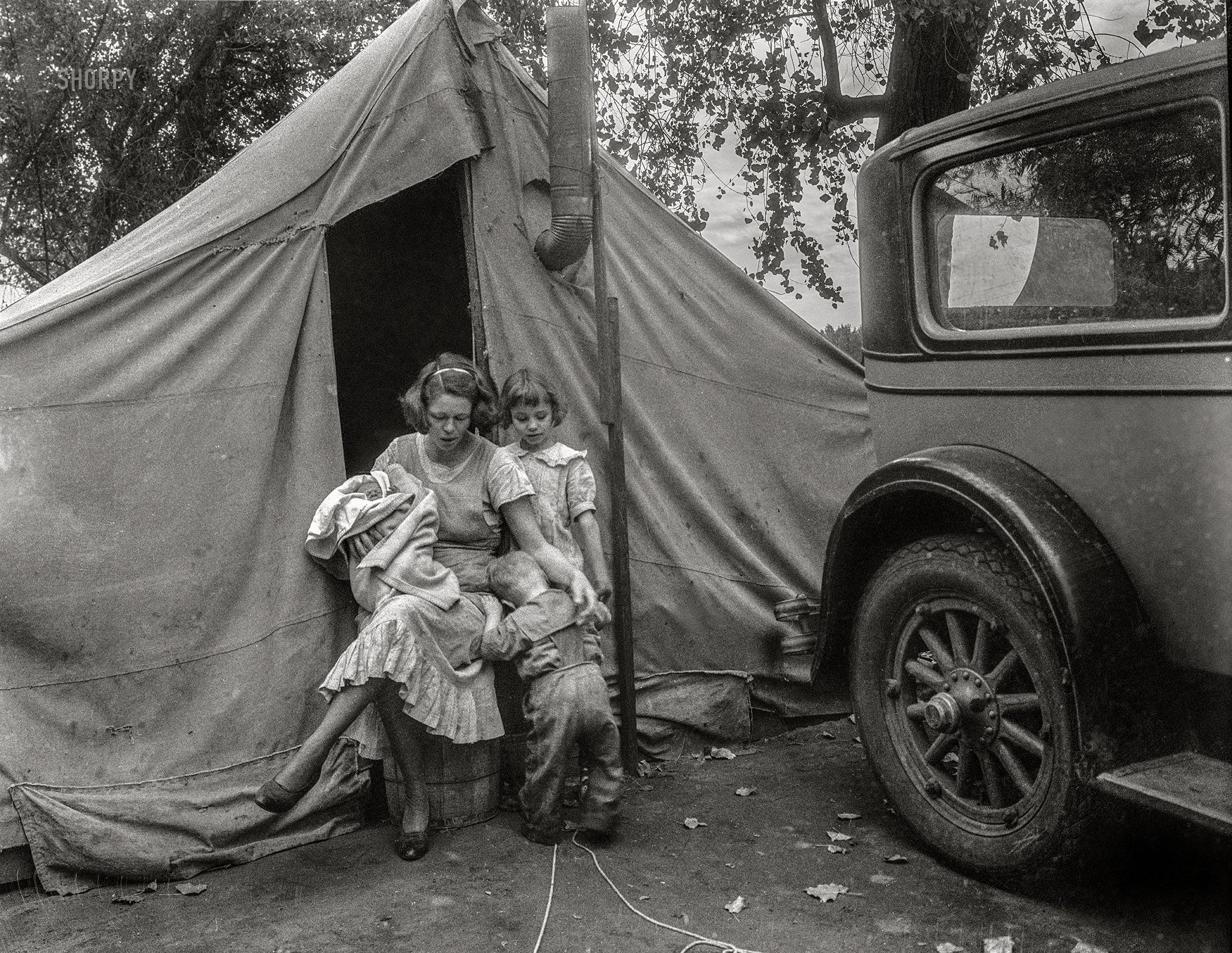 November 1936. "Mother and three children in a California squatter camp." 4x5 inch nitrate negative by Dorothea Lange for the Resettlement Administration. View full size.
&nbsp; &nbsp; &nbsp; &nbsp; Photo from this group of 211 images, which includes Lange's "Migrant Mother": Migrant agricultural workers in California in 1936. Photographs show squatter camps. Little Oklahoma. Families and their belongings in automobiles on the road. Car trouble along the road. Families existing in tent camps. Company housing for Mexican cotton pickers. Portraits of destitute migrants and their children. Hitch-hikers. Beet fields. Cotton pickers in the San Joaquin Valley. Lettuce and pea fields.