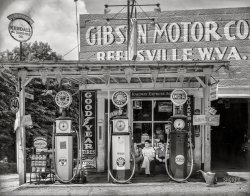 June 1935. "Filling station. Reedsville, Preston County, West Virginia." Last seen here. 8x10 nitrate negative by Walker Evans for the U.S. Resettlement Administration. View full size.