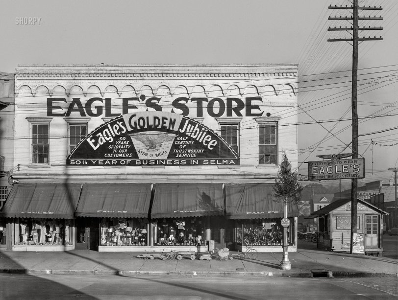 December 1935. "Eagle's Store -- Selma, Dallas County, Alabama." 8x10 inch nitrate negative by Walker Evans for the U.S. Resettlement Administration. View full size.
