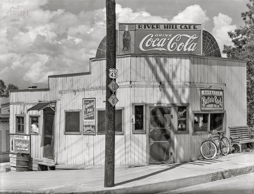 1936. "Cafe -- Alabama" is all it says here. 8x10 inch nitrate negative by Walker Evans for the Farm Security Administration. View full size.
